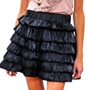 Pinch Tiered Ruffle Bubble Hem Mini Skirt Black Medium Satin Like Elastic Waist